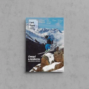 Portada de L'Art de Viure Andorra núm. 110 amb un esquiador saltant des d'una roca entre muntanyes nevades.
