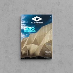 Portada de L'Art de Viure Andorra núm. 135 amb la façana daurada de plafons triangulars facetats de l'Epizen sota un cel blau, sota el títol Epizen Andorra · Zero emissions.