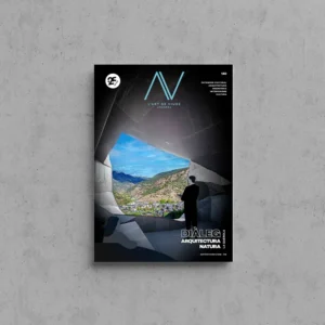 Portada de L'Art de Viure Andorra núm. 140 amb una figura dreta dins un espai d'arquitectura orgànica de formigó, obert per una gran finestra sobre la vall i les muntanyes d'Andorra, sota el títol Diàleg arquitectura-natura · La Querola.