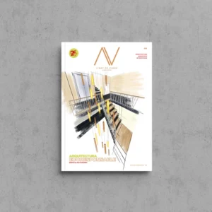 Portada de L'Art de Viure Andorra núm. 142 amb un croquis en aquarel·la d'un interior de doble alçada amb escala i lluminàries penjants daurades, sota el títol Arquitectura ecoresponsable · Edifici El Niu d'Ordino.